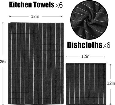 Puomue Microfiber Kitchen Towels and Dishcloths Set, 66 x 45 cm and 30.5 x 30.5 cm, Set of 12 Lint-Free Dishcloths for Drying Dishes (black)