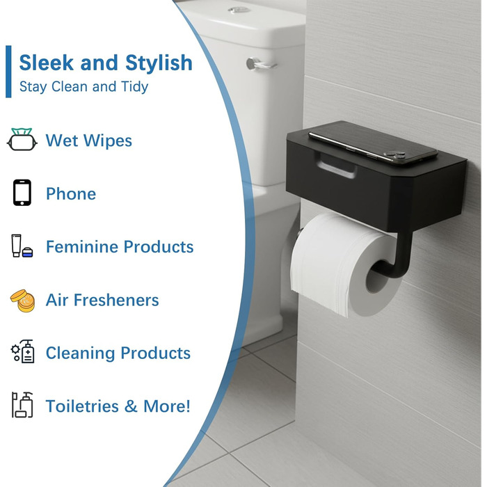 Тримач туалетного паперу Cozary без свердління з боксом для вологих серветок, чорний, нержавіюча сталь