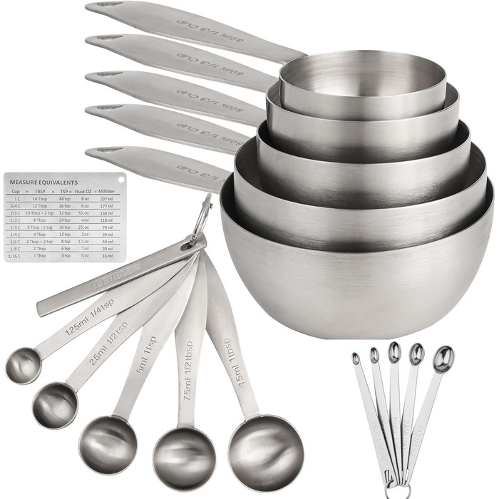 Measuring cup and spoon set, robust, stainless steel measuring cups and spoons, 20 pieces: 5 measuring cups, 6 measuring spoons, 5 mini measuring cups, conversion chart for measuring cups and spoons.