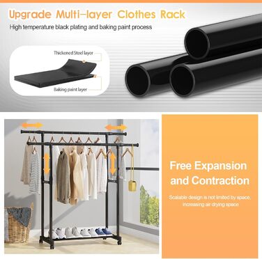 MONKLE - Clothes Rack, Garment Rack, Rolling Garment Rack, Stable Clothes Rack with 3 Storage Shelves, Extendable Double Clothes Rail