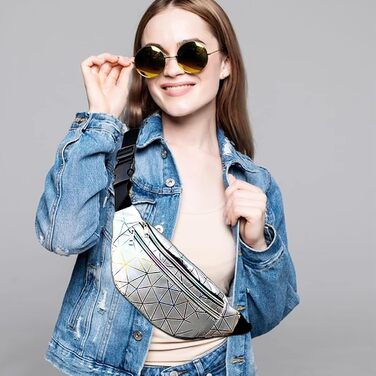 Сумка на пояс 80-х для жінок, лазерний стиль, блискітки, регульований ремінь, водонепроникна, для активного відпочинку, подорожей, туризму, відпустки (срібна, оновлена версія)