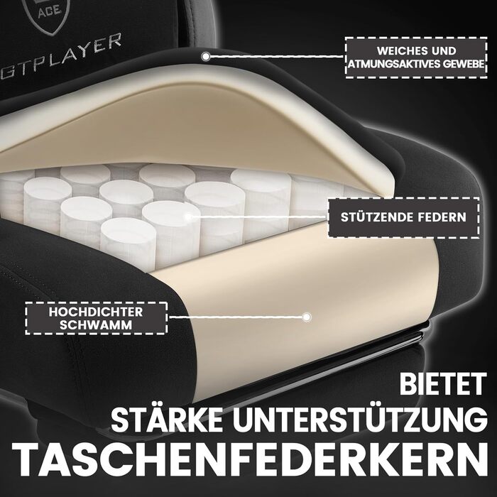 Ігровий крісло GTPLAYER з ергономічним дизайном, підлокітниками, що з'єднуються, та підставкою для ніг (чорний)