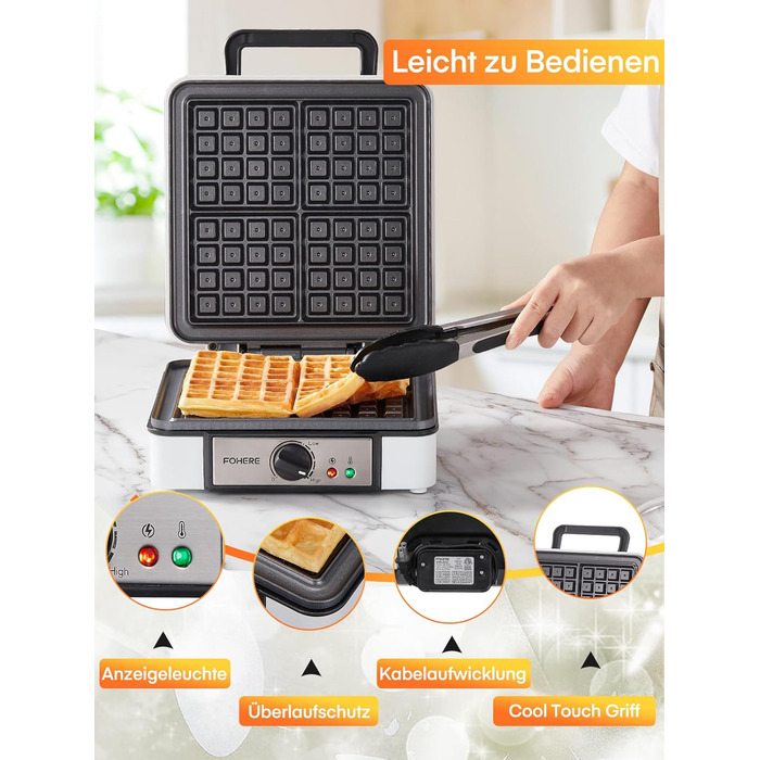Електричний вафельниця FOHERE 4 вафлі, XXL, антипригарне покриття, Paninigrill, вафельниця для тостів, 1200 Вт