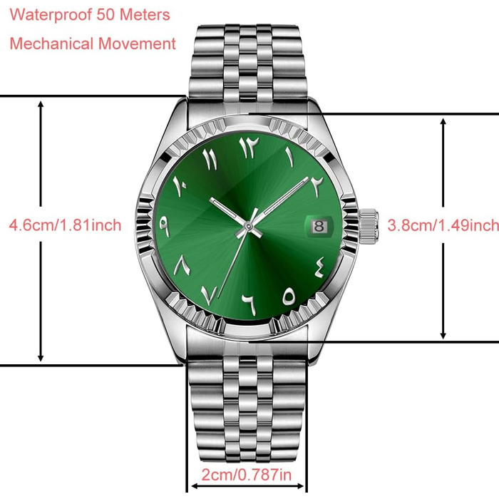 Чоловічий годинник з автоматичним механізмом, сталевий корпус, арабські цифри, 38 мм, водостійкий, з датою (зелений)