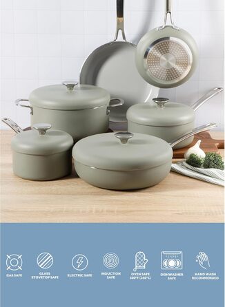 Набір кухонного посуду Sur La Table Kitchen Essentials 13-Piece, преміум-кераміка, антипригарне покриття, для індукційних плит, знімний ручка, смарагдово-зелений