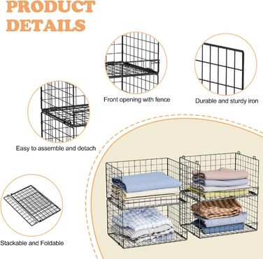 4-Tier Stackable Closet Organizer and Storage Shelves, Clothes Rack, Organizer, Basket Bins, Foldable Sweater Storage for Closet Organizer System, Black (patent pending)