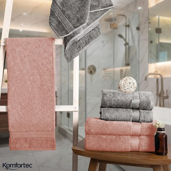 Набір махрових рушників Komfortec, 8 шт. (4 великих 70x140 см та 4 малих 50x100 см), 100% бавовна, м'які та гігроскопічні, колір: антрацит/рожевий