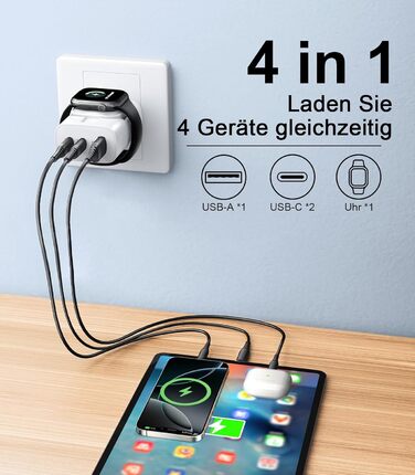 Зарядний пристрій 4-в-1 для Apple Watch та iPhone: 40W USB-C, швидка зарядка PD, сумісний з Apple Watch 10/9/8/7/6/Ultra/SE, iPhone 17/16/15 Pro Max, iPad, AirPods (Білий)