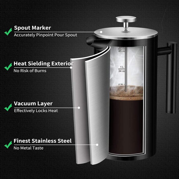 Make Large French Press Coffee Maker, Double Insulated 304 Stainless Steel French Press with 3 Extra Filters, 1.5 Liter Stainless Steel Coffee Machine (1500ml, Black) 1500ml Black