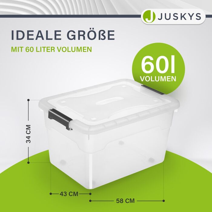 JUSKYS Storage Box with Lid - Set of 4 Plastic Boxes, 45L - Large Box, Stackable, Transparent - Storage System, Storage Boxes (Set of 6 - 60 Liters)