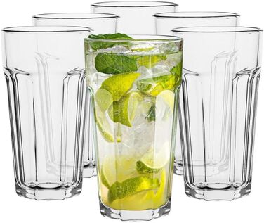 Cocktail Glasses Large Drinking Glasses Caipirinha Glasses | 630 ml | Set of 6 | Cocktail Highball Water Glass Set XXL Tumblers Retro Design | Dishwasher Safe | Collection Alva | Transparent