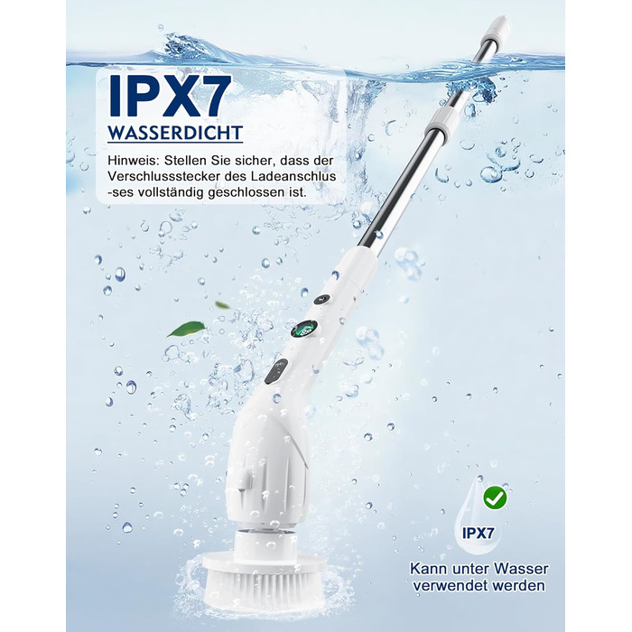 Електрична щітка для чищення з 9 насадок, щітка для швів, водонепроникна IPX8, електричний скрубер з регульованою ручкою, 2 швидкості для ванної кімнати, кухні, авто, підлоги, білий+чорний