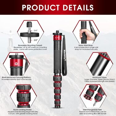 Монопод для камери Manbily 36mm, 6 секцій, 44-174см, з алюмінію, з ручкою-гніллом, до 18кг, з кріпленням для телефону, червоний