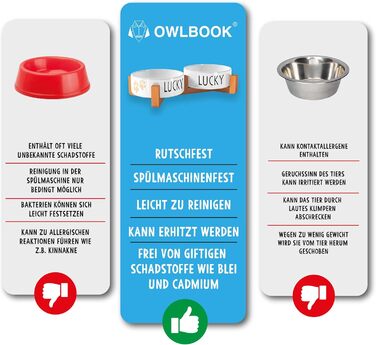 Персоналізована миска для собак OWLBOOK з відбитком лап, з ім'ям або текстом, подвійна керамічна миска з бамбуковим підставкою, 300 мл