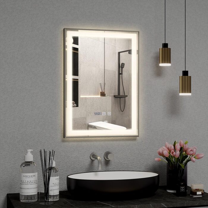 Дзеркало YOURLITE з підсвічуванням 70x50 см, LED дзеркало для ванної кімнати з годинником, сенсорне керування, 3 кольори світла, регулювання яскравості, антизапарник, пам'ять, срібний