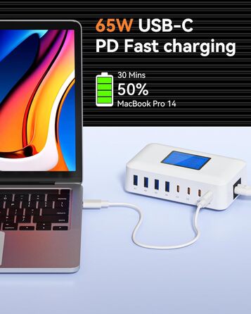 Зарядний пристрій USB-C 200W, 8 портів, LCD-дисплей, PD 65W для MacBook, iPad, iPhone 16/15/14/13 Pro/Max, Samsung S24/S23 - Чорний