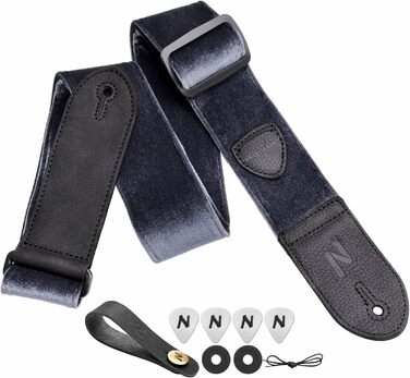 Гітарний ремінь Nefelibata з повного нубуку, вінтажний велюровий ремінь, безкоштовний бонус: 4 медіатори + фіксатори ремінця + кнопка для ремінця, подарунок для бас-гітари, електро- та акустичної гітари (Чарівний фіолетовий, вінтажний сірий)