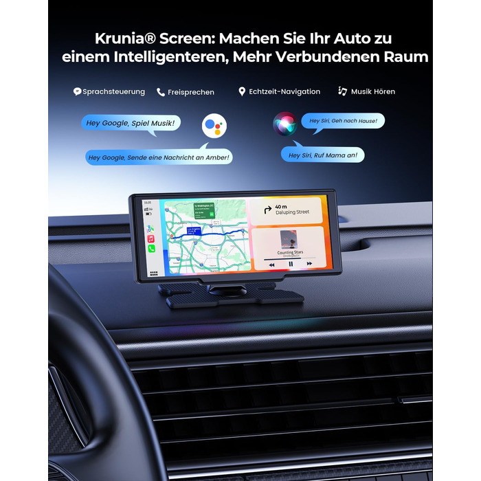 Krunia 8.1'' Бездротовий портативний CarPlay-екран 60FPS для Apple CarPlay та Android Auto з OTA-оновленнями, камерою заднього виду, Mirror Link, Bluetooth, голосовим керуванням та GPS-навігацією