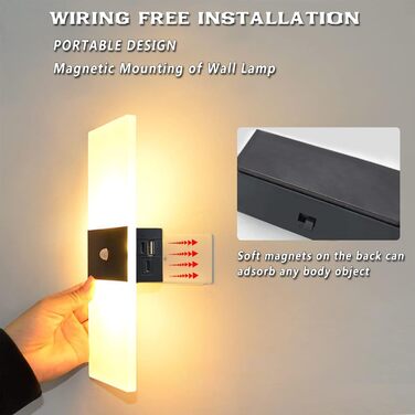 LED-лампа на батарейках VOMI з датчиком руху для дому, акрил, USB-зарядка, 4000mAh, для коридору та сходищ, 2 штуки, тепле світло (сенсор 3000k)