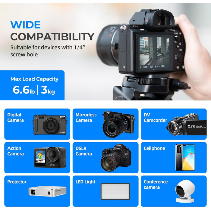 Штатив AMBITFUL 157.5 см, чорний, професійний, алюмінієвий, знімний, для фото- та відеозйомки (камера, DSLR, смартфон, екшн-камера, телескоп)