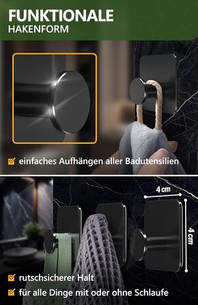 Набір тримачів для рушників 4smile (6 шт.) без свердління, з нержавіючої сталі, чорний. Самоклеючі гачки для ванної кімнати, висока вантажопідйомність.