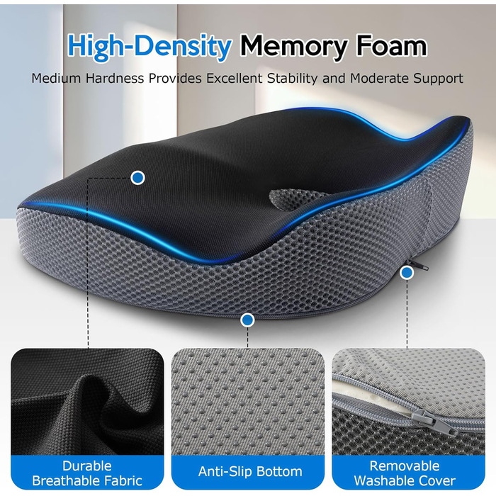 Подушка для офісного крісла з Memory Foam: ортопедична підтримка куприка, зменшення тиску, широка подушка для офісу, авто, інвалідного візка - чорний/сірий
