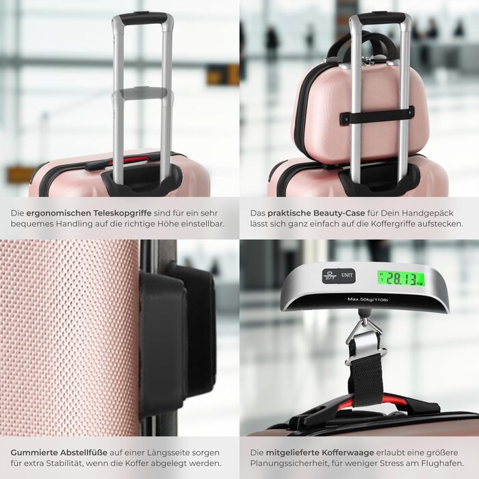 Набір валіз Tectake® (4 шт.) з ваговою та ідентифікатором, 360° колеса, жорсткий корпус із замком, велика валіза, вкладна, ручна, рожеве золото