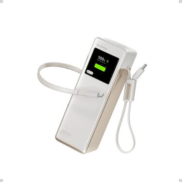 Потужний павербанк SHARGE HyperTower 170W 25000mAh з TFT-дисплеєм, 4 портами (3x USB-C, 1x USB-A) та вбудованими кабелями для MacBook Pro та ноутбуків, білий