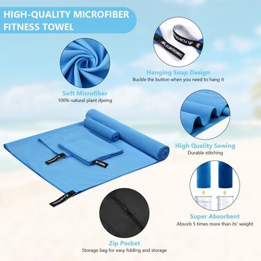 Рушник з мікрофібри Flintronic, 200x100 см, великий пляжний рушник, швидковисихаючий, спортивний, для подорожей, на пляж, до сауни (Небесно-блакитний, (180*90 см)*1 + (80*40 см)*2)