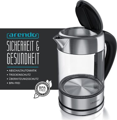 Arendo - Glass Kettle with Temperature Setting – 1.7l - Adjustable Temperatures 40° - 100 °C – Digital Temperature Display - Keep Warm Function – Energy-Saving – BPA-Free - RGB Lighting