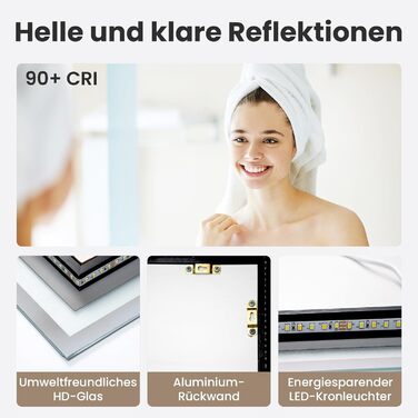 LED дзеркало для ванної кімнати 70x50 см з підсвічуванням | IP54, сенсорне керування, монтаж вертикально/горизонтально, 6500K