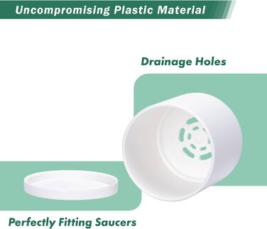 High-quality plastic plant pots, 2 inches (5.1 cm), available in sizes 2.4, 2.5, 3, 3.5, 3.7, 4, 4.7, 5, 5.5, 6 inches - complete set of 10 white plant pots with drainage holes and seamless saucers.