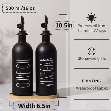 HOMCDALY Olive Oil Dispensers for Kitchen, Glass, Oil and Vinegar Dispenser Set, Olive Oil Bottles with Bamboo Tray, 473 ml, Black, 473 ml, Black