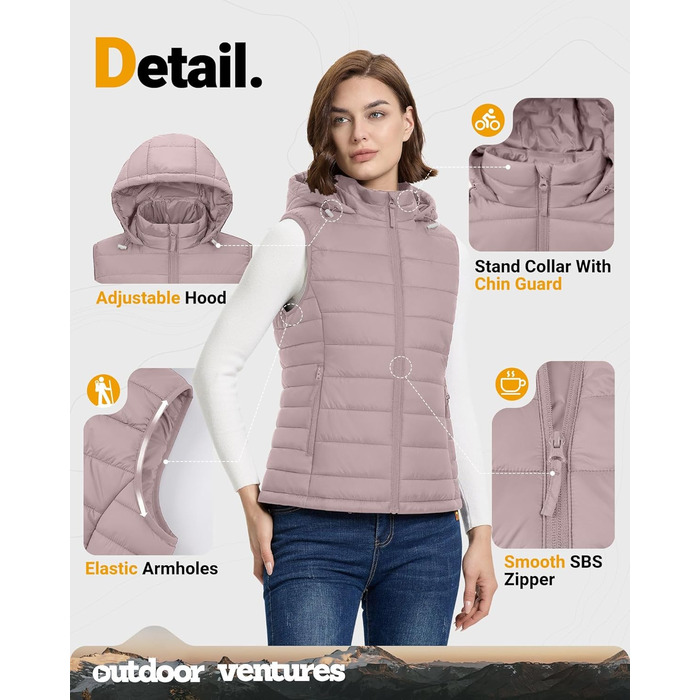 Стьобана жилетка Outdoor Ventures для жінок з капюшоном: тепла спортивна жилетка для походів, кемпінгу та їзди на велосипеді (Рожева, L)