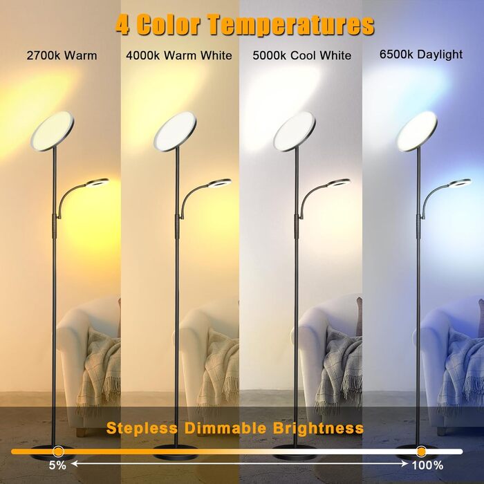 LED торшер, 42W, 16 мільйонів кольорів RGBCW, WiFi, Smart, двосторонній, для вітальні, сумісний з Alexa/Google Home, синхронізація з музикою, плавне регулювання яскравості, торшер для спальні