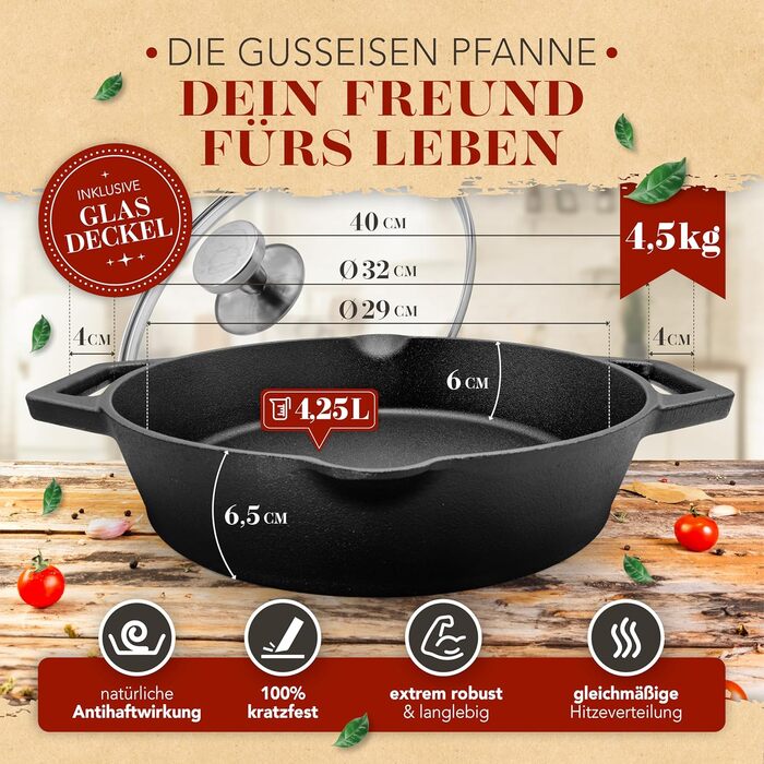 Чавунна сковорода гриль Krustenzauber 26 см з індукційним дном та двома ручками - рифлена, для смаження м'яса та овочів