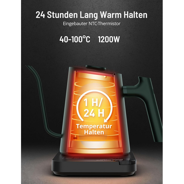 Paris Rhone Swan Neck Electric Kettle - 0.9L Temperature Control Kettle with Display, Knob, and 24-Hour Keep Warm Function - Dark Green