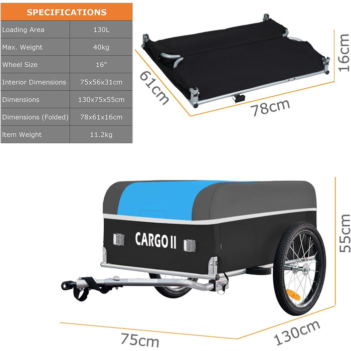 Тігго Карго II - вантажний велосипедний причіп, 130 літрів, складаний, зелений (блакитний)