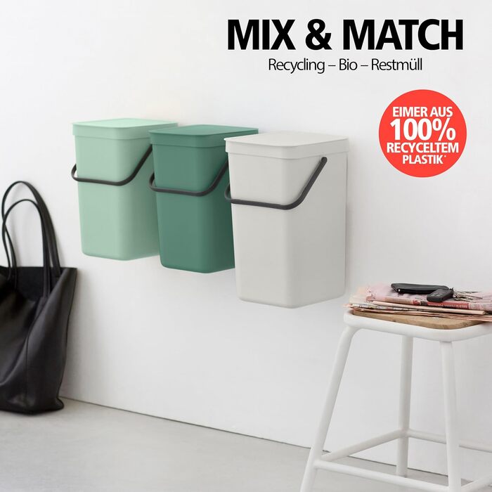 Сміттєвий кошик Brabantia Sort & Go з кришкою, 16 л, Jade Green (світло-зелений) — компактний контейнер для сортування відходів та тари