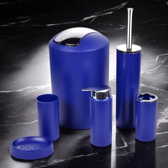 Комплект аксесуарів для ванної кімнати 6tlg Badset: органайзер, дозатор мила, стакан для зубної щітки, відро для косметики, щітка для унітазу з тримачем, мильниця, сміттєвий бак, тримач для зубних щіток, повна ванна кімнатна гарнітура (темно-синій дизайн