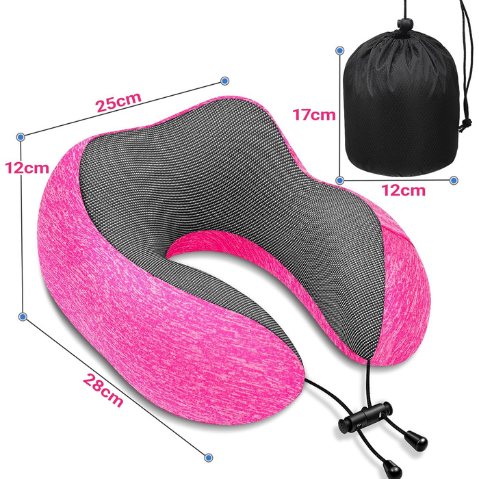 Подушка для шиї у літак - подушка для подорожей 100% Memory Foam - портативна подушка для літака - з 3D-маскою для сну та берушами - ідеальна для крісла літака, авто, дому, офісу, подушка для сну (Рожева)