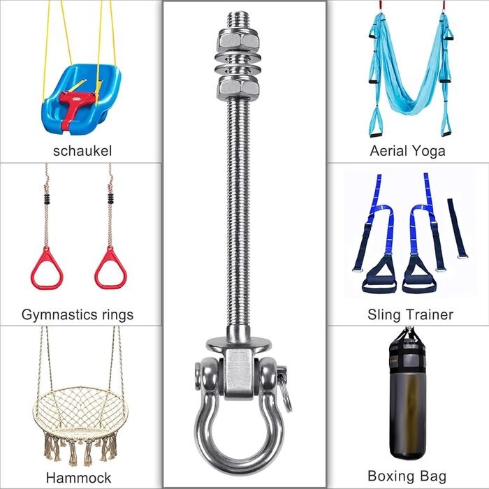 BeneLabel 4-Piece Swivel Hook Bearing, Hammock Attachment for Wooden Beams, M10 Heavy-Duty Hanging Chair Suspension, Concrete Ceiling, 245mm Stainless Steel Swivel, Punching Bag Ceiling Bracket, Screw-in Eye Bolts, Up to 680kg
