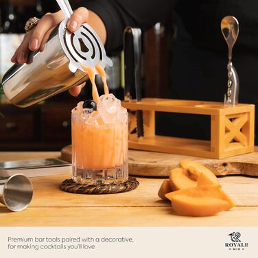 Набір бармена Mixology з підставкою та 25 рецептами коктейлів, професійний шейкер для коктейлів та мартіні, подарунковий набір для домашнього бару (срібний з дерев'яною підставкою)