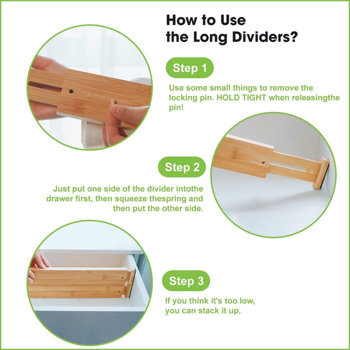 ANTOWIN 10 Pcs Adjustable Bamboo Drawer Dividers, Drawer Organizer, Spring-loaded, Kitchen, Dresser, Bathroom, Bedroom, Baby Drawer, Desk Organization System (43-56 cm) Natural