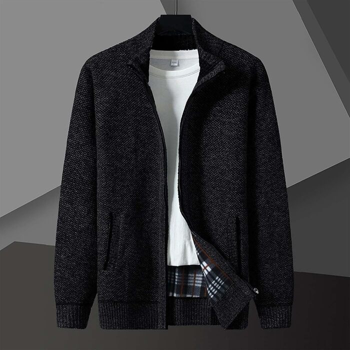 Кардиган чоловічий з кишенями, чоловіча в'язана куртка на блискавці, без капюшона, чоловічий светр-куртка, однотонна флісова куртка, чоловічий светр з ангори, осінній кардиган, під костюмні штани (M, Чорний)