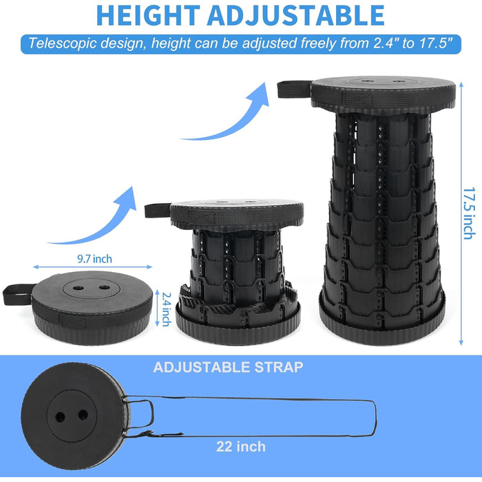 Крісло-телескоп для кемпінгу, регулювання висоти 6-45 см, вантажопідйомність 181 кг, портативне з ремінком для перенесення (Чорний, 2 шт.)