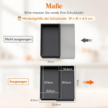 Органайзер для столових приладів Lifewit в шухляду, розширюваний (43.9 см), чорний, 40 см глибина, для кухні, ложок, ножів, лопаток