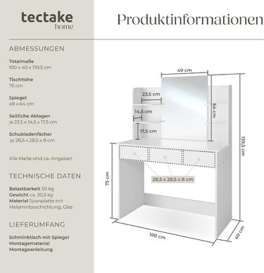 Туалетний столик tectake Camille білий з дзеркалом, 4 шухляди, пуф