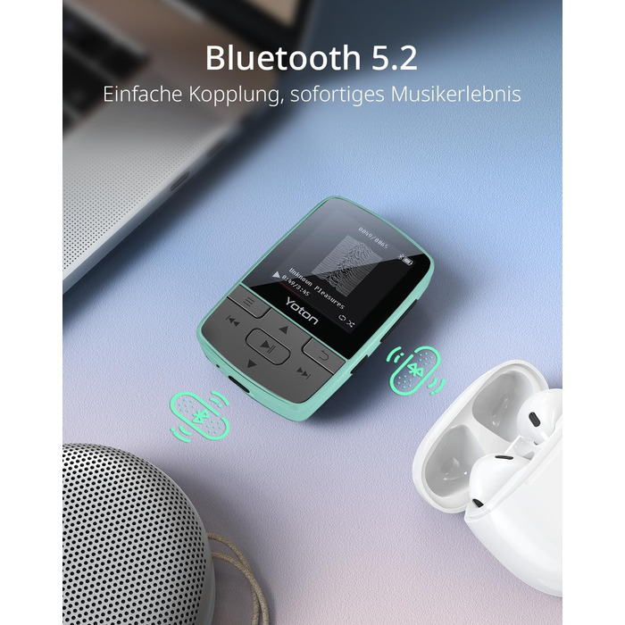 MP3-плеєр YOTON з Bluetooth 5.2, Hi-Fi звук, FM-радіо, диктофон, регулятор гучності, навушники, підтримка SD до 128 ГБ (М'ятний)