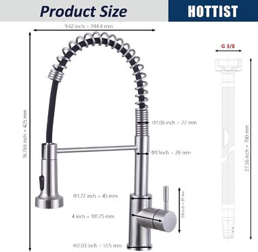 Чорний кухонний змішувач з висувною лійкою, високий поворотний вигин, 2 режими розпилення, нержавіюча сталь, шорстка поверхня